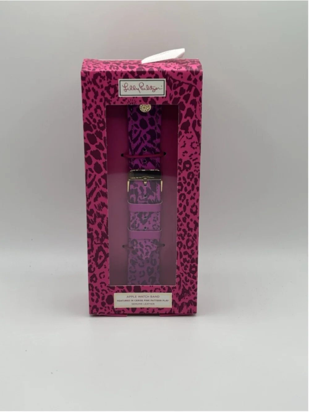 Lilly Pulitzer Apple Leather Watch Band Featured In Cerise Pink Pattern Play
